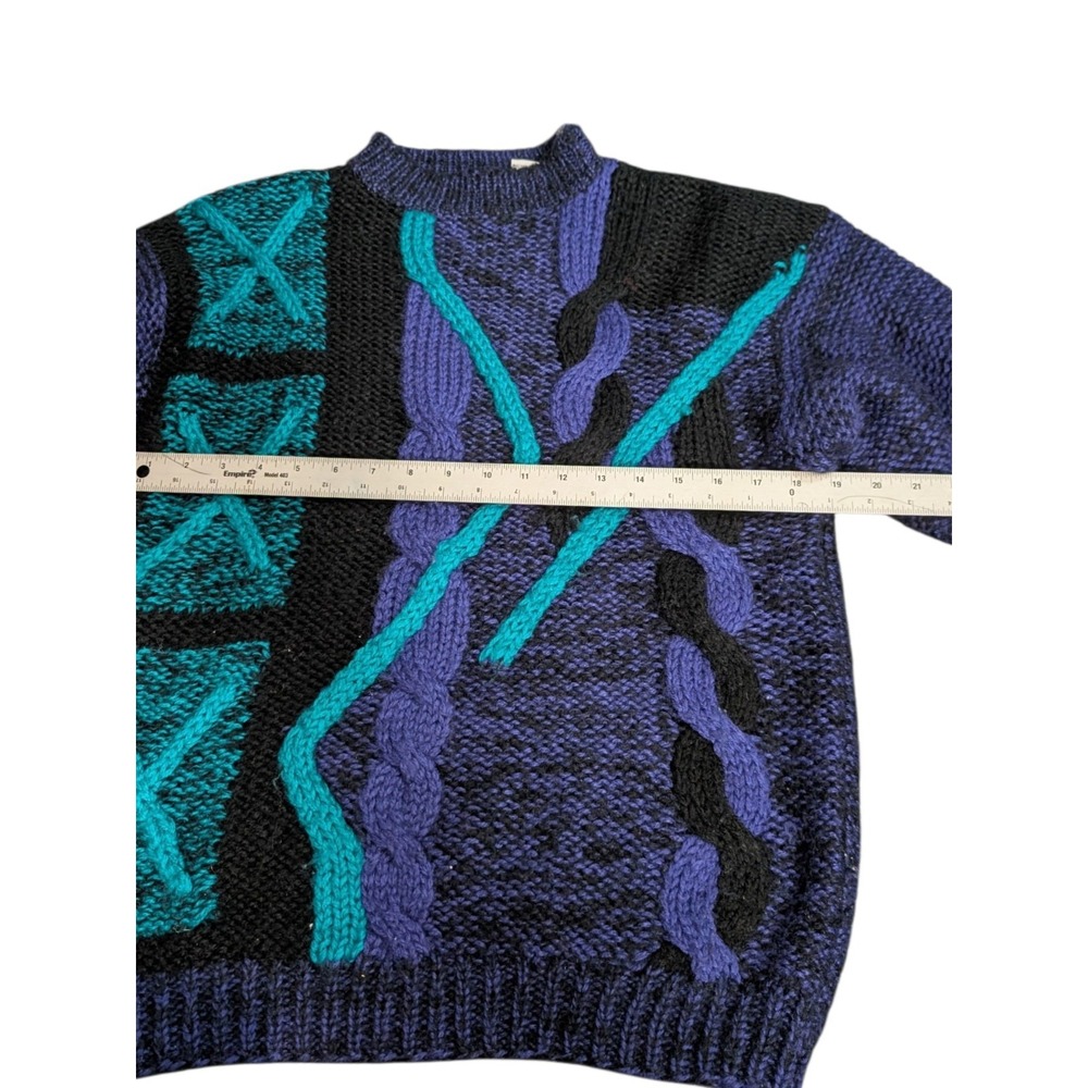 Vintage 80s City Streets Purple Aqua Black Cable Knit Sweater Small Retro Mock - Picture 5 of 8